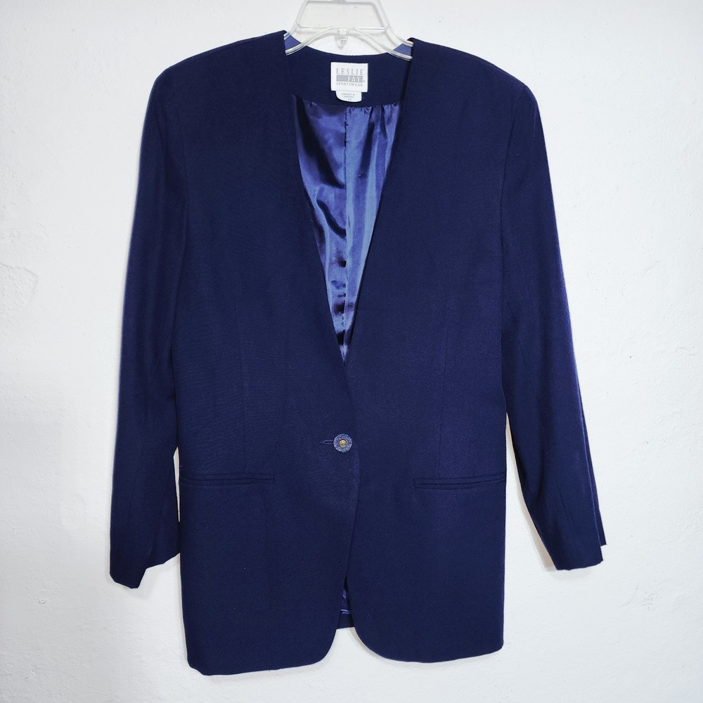Leslie Fay Sportswear Blazer 12 Navy Blue 90s Collarless Single Button 4401 2